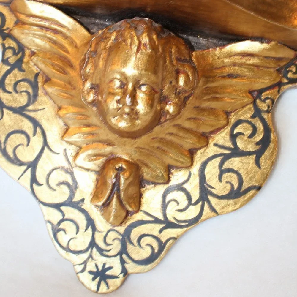 Antique vintage wood carved gilded Putti brackets Cherub Baroque golden flaws